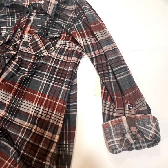 Urban Girl Plaid Shirt XL Brown Burgundy Button Up Y2K Fall Layering Grunge - Picture 7 of 10